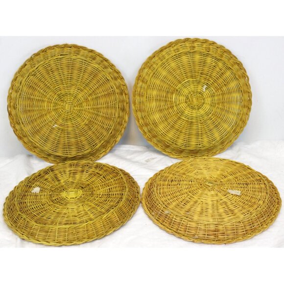 VTG Nevco 4 Paper Plate Holders Yellow 1990s 1980s 9" Natural Died Wicker Bamboo - Picture 6 of 6